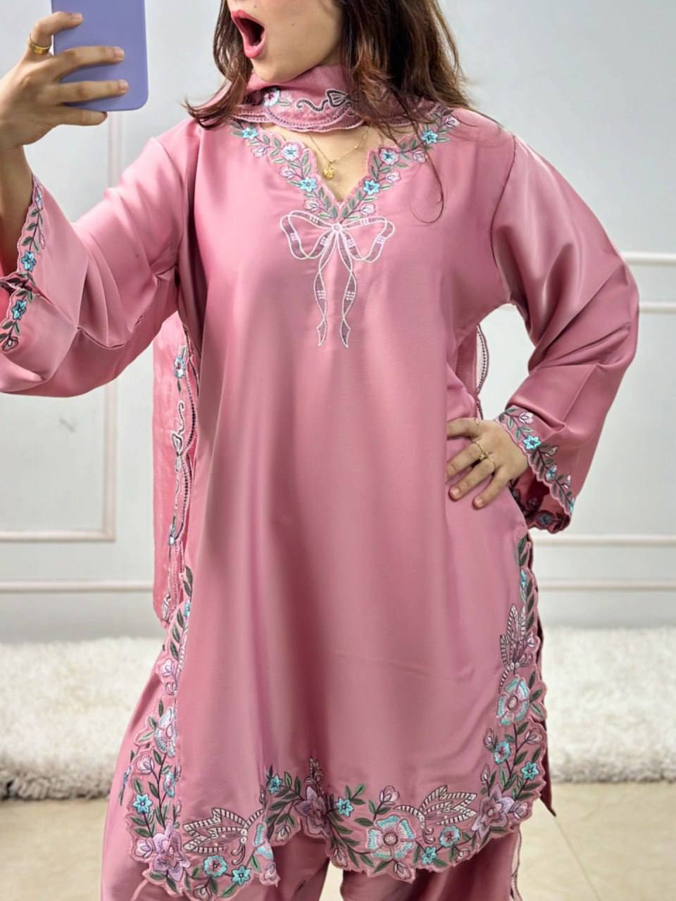 Innovative Pink Color Thread With Sequence Work Farshi Suit