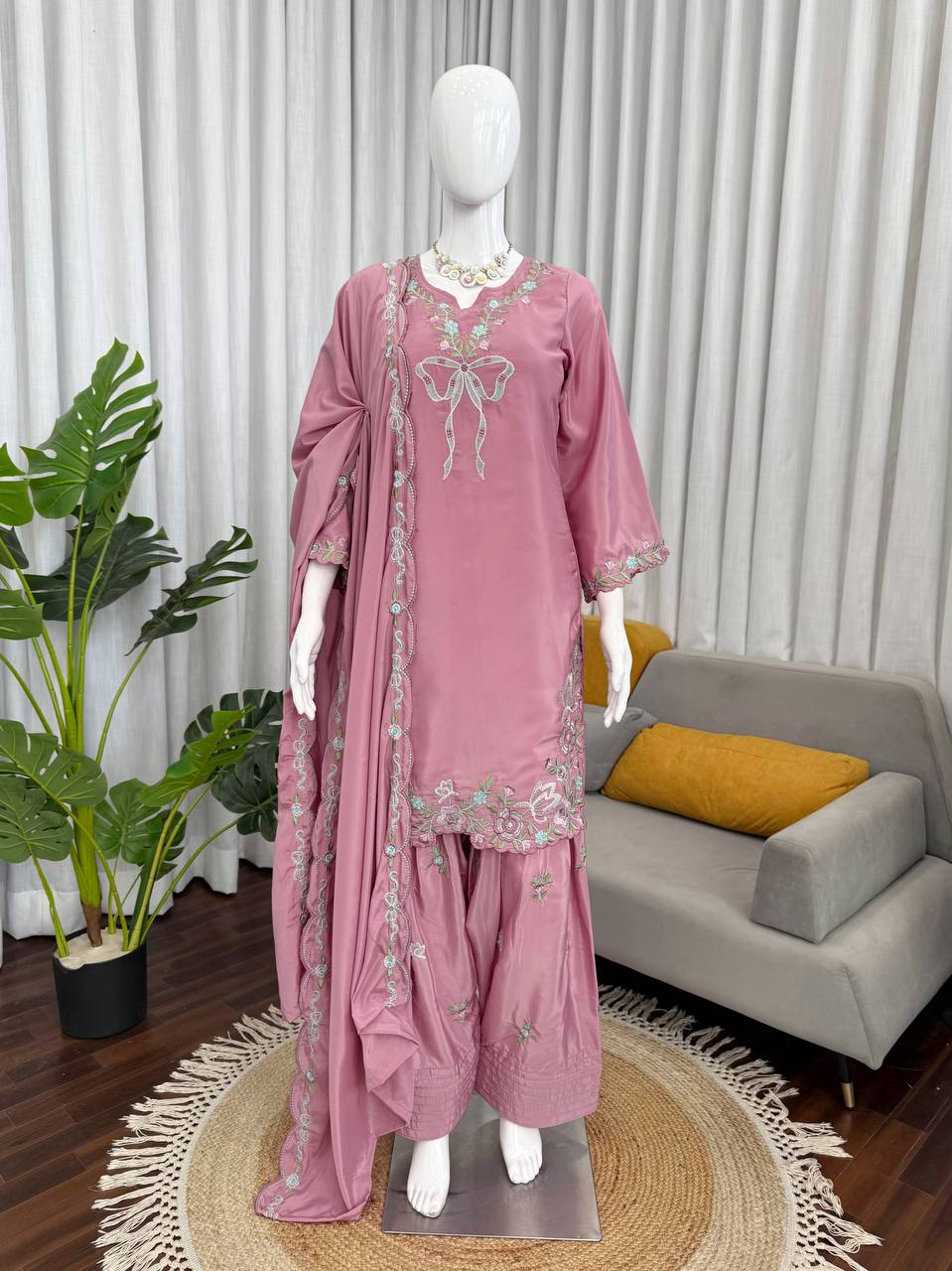 Innovative Pink Color Thread With Sequence Work Farshi Suit