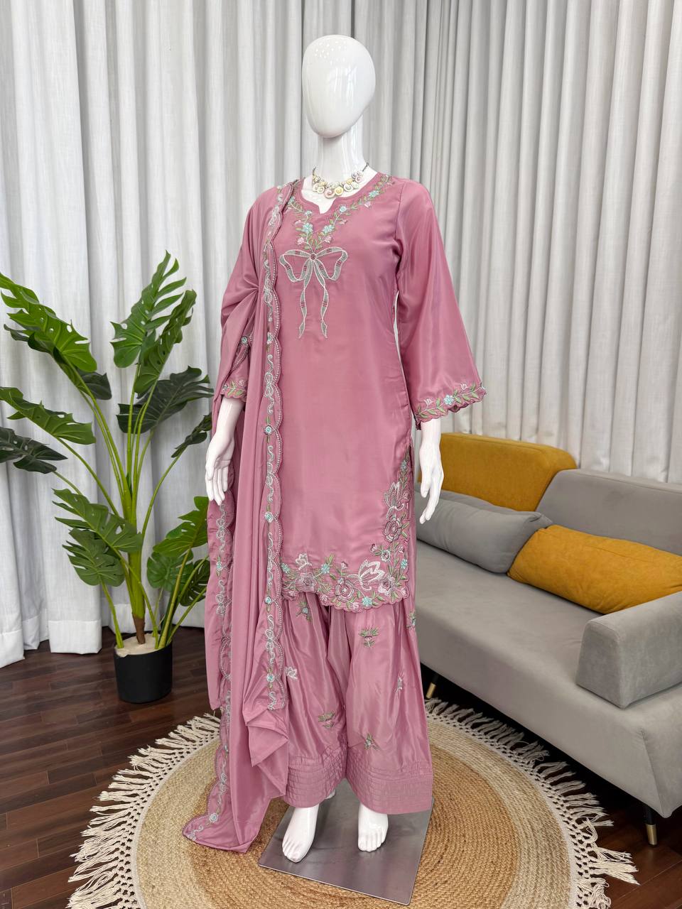Innovative Pink Color Thread With Sequence Work Farshi Suit