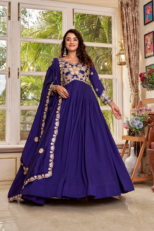 Attractive Purple Color Heavy Cording Sequence Embroidery Work Gown