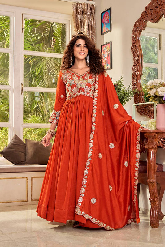 Exclusive Orange Color Heavy Cording Sequence Embroidery Work Gown