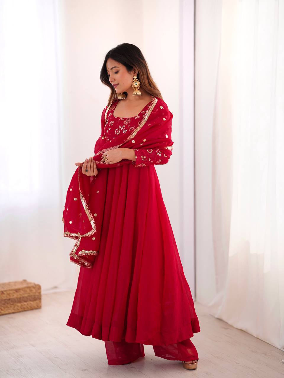 Ati Chauhan Wear Red Color Lace Border With Fully Flared Design Anarkali Gown