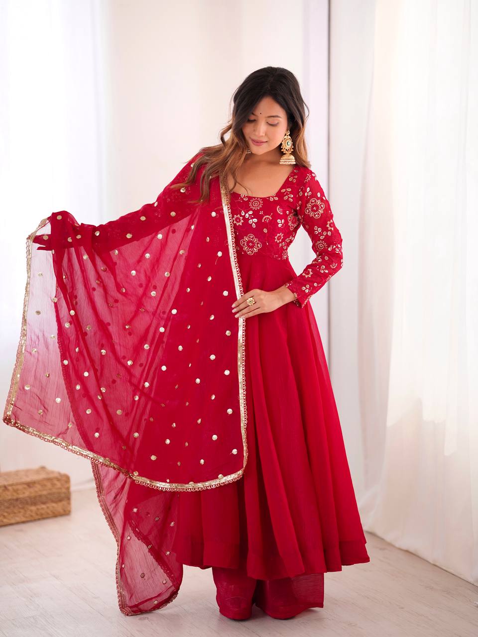 Ati Chauhan Wear Red Color Lace Border With Fully Flared Design Anarkali Gown