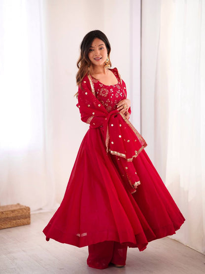 Ati Chauhan Wear Red Color Lace Border With Fully Flared Design Anarkali Gown