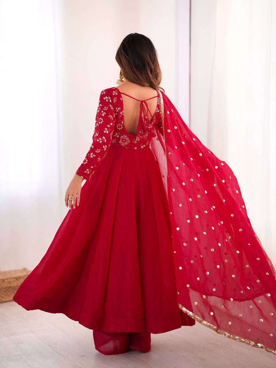Ati Chauhan Wear Red Color Lace Border With Fully Flared Design Anarkali Gown