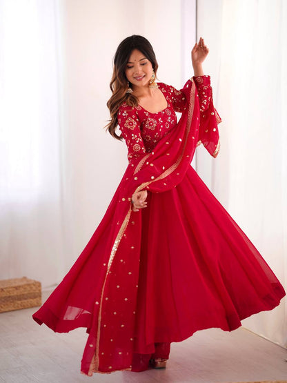 Ati Chauhan Wear Red Color Lace Border With Fully Flared Design Anarkali Gown