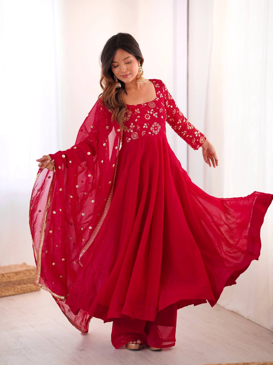Ati Chauhan Wear Red Color Lace Border With Fully Flared Design Anarkali Gown