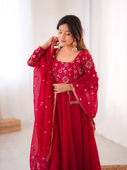 Ati Chauhan Wear Red Color Lace Border With Fully Flared Design Anarkali Gown