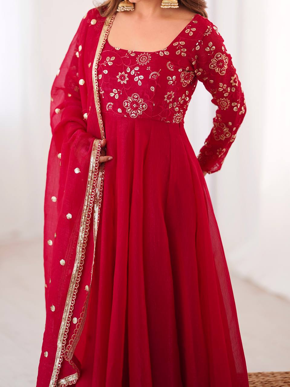 Ati Chauhan Wear Red Color Lace Border With Fully Flared Design Anarkali Gown
