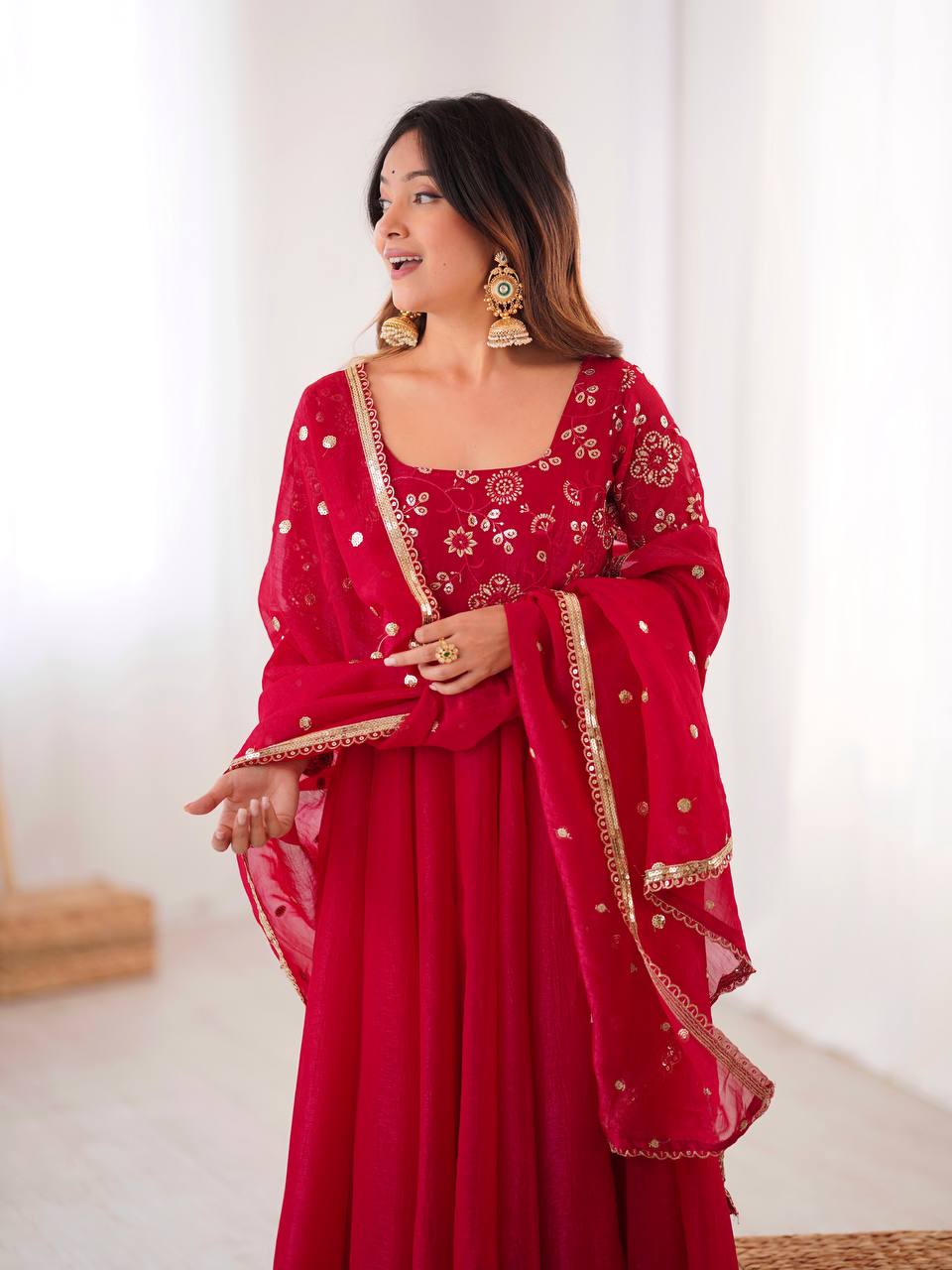 Ati Chauhan Wear Red Color Lace Border With Fully Flared Design Anarkali Gown