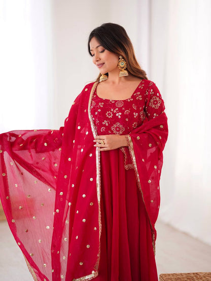 Ati Chauhan Wear Red Color Lace Border With Fully Flared Design Anarkali Gown