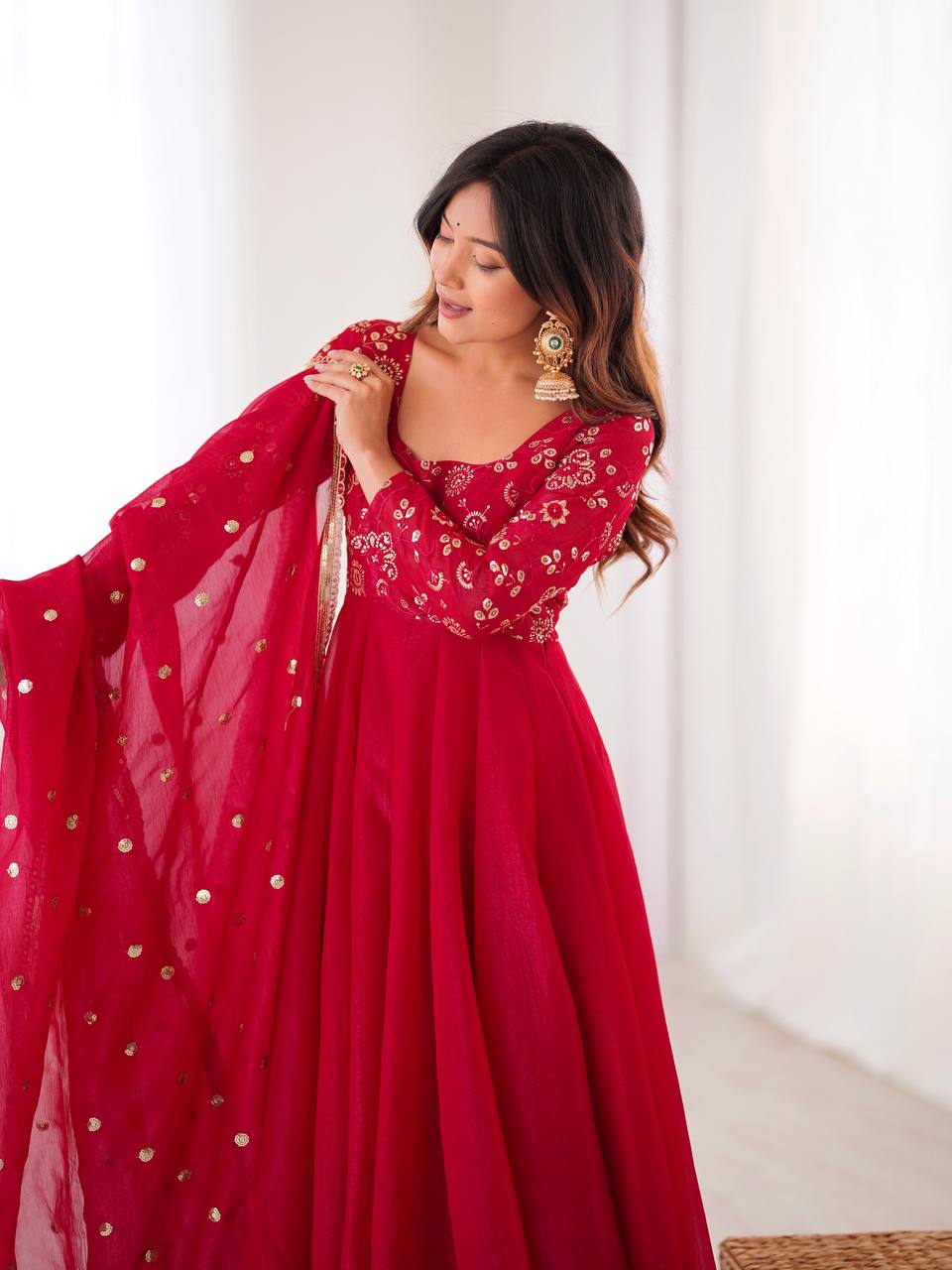 Ati Chauhan Wear Red Color Lace Border With Fully Flared Design Anarkali Gown