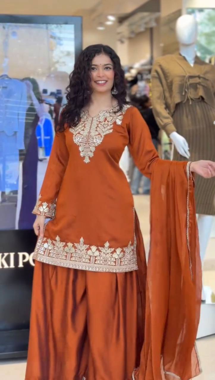Glossy Orange Color Sequence Embroidered Work Palazzo Suit
