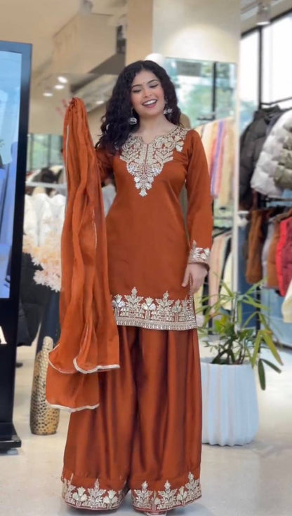 Glossy Orange Color Sequence Embroidered Work Palazzo Suit