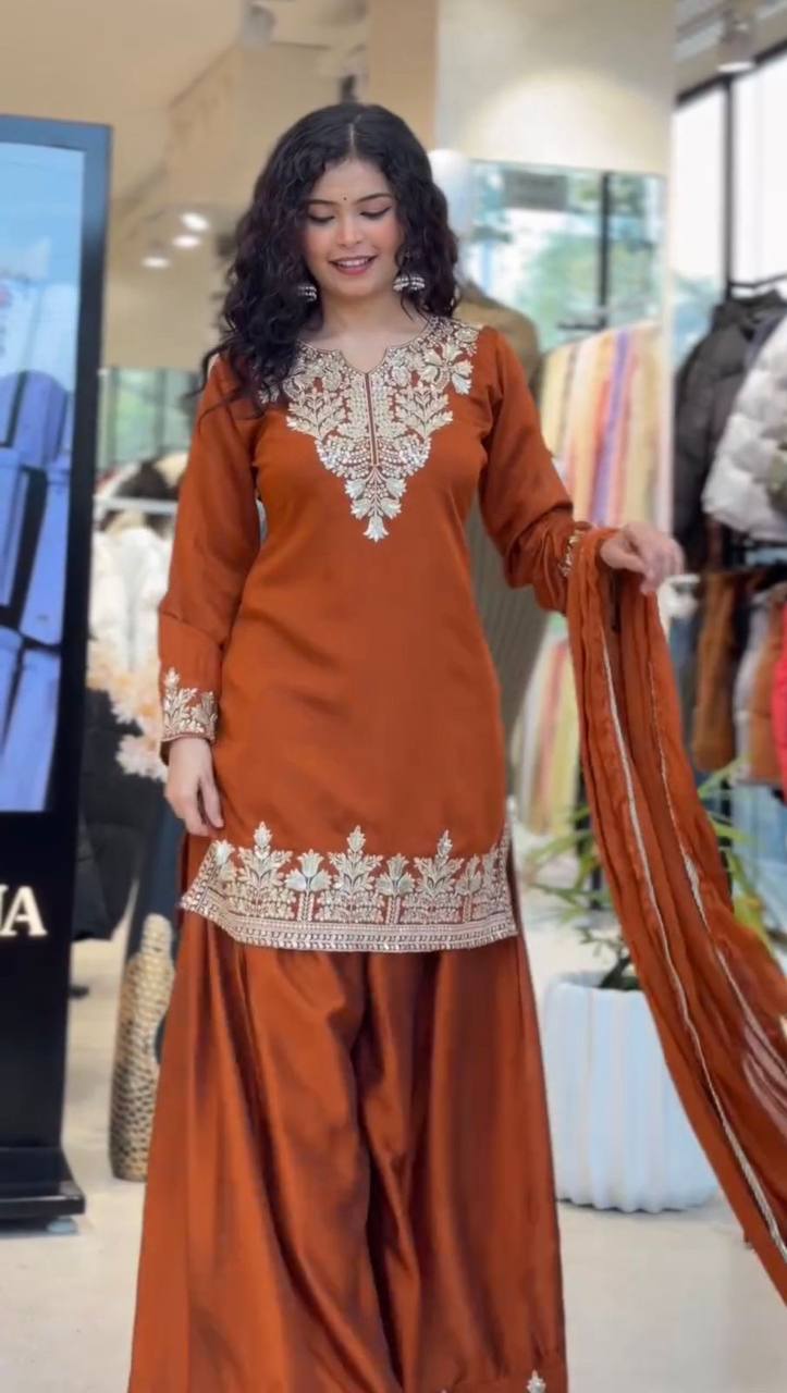 Glossy Orange Color Sequence Embroidered Work Palazzo Suit