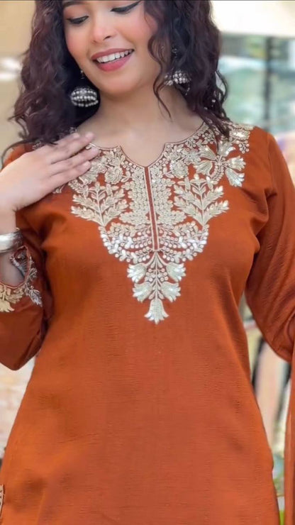 Glossy Orange Color Sequence Embroidered Work Palazzo Suit