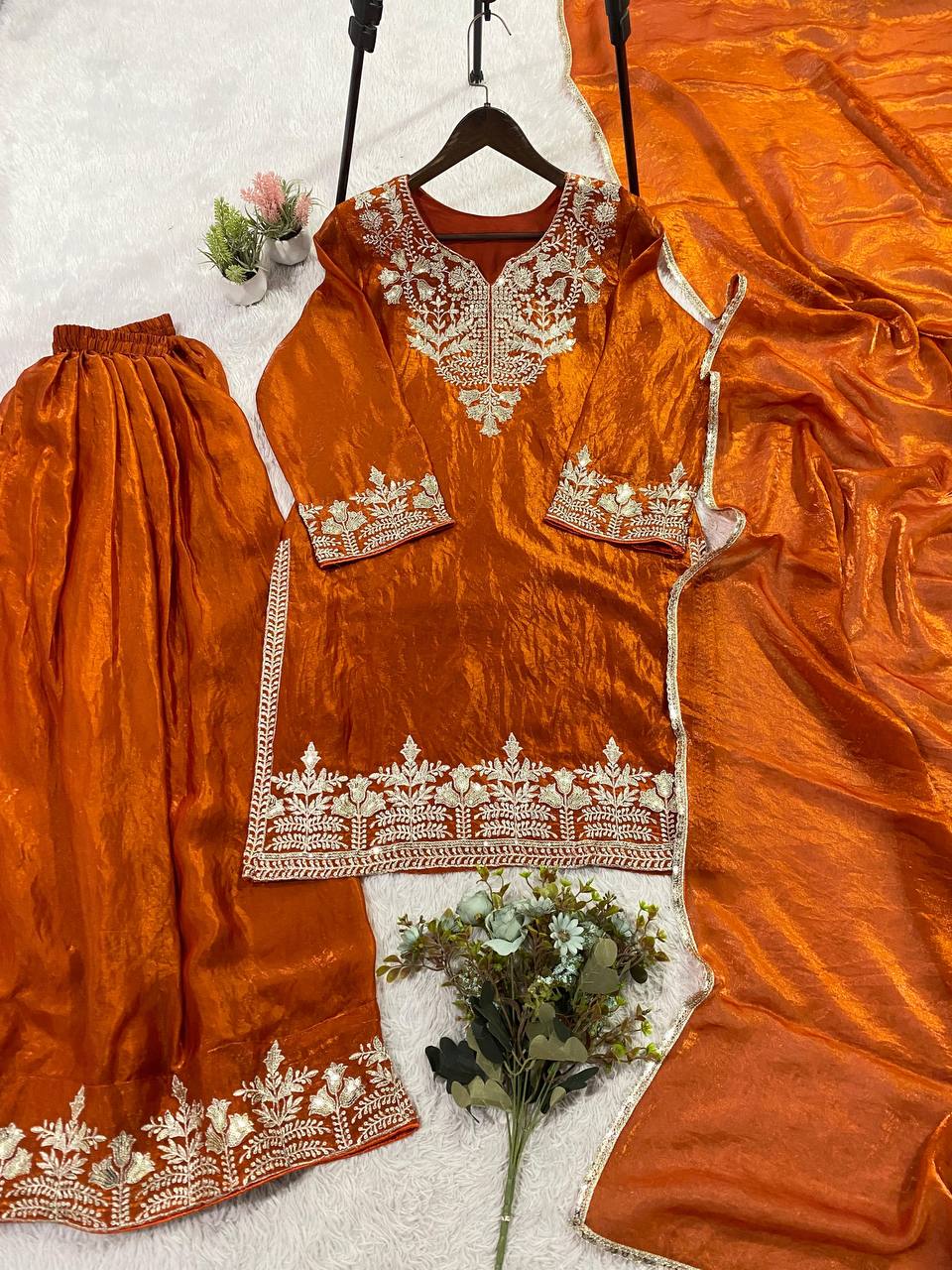 Glossy Orange Color Sequence Embroidered Work Palazzo Suit