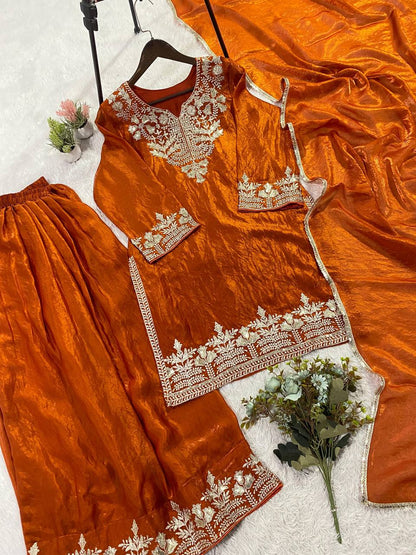 Glossy Orange Color Sequence Embroidered Work Palazzo Suit