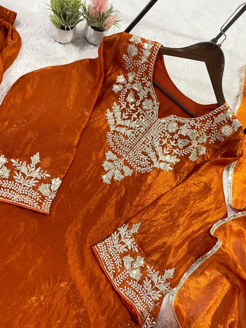 Glossy Orange Color Sequence Embroidered Work Palazzo Suit