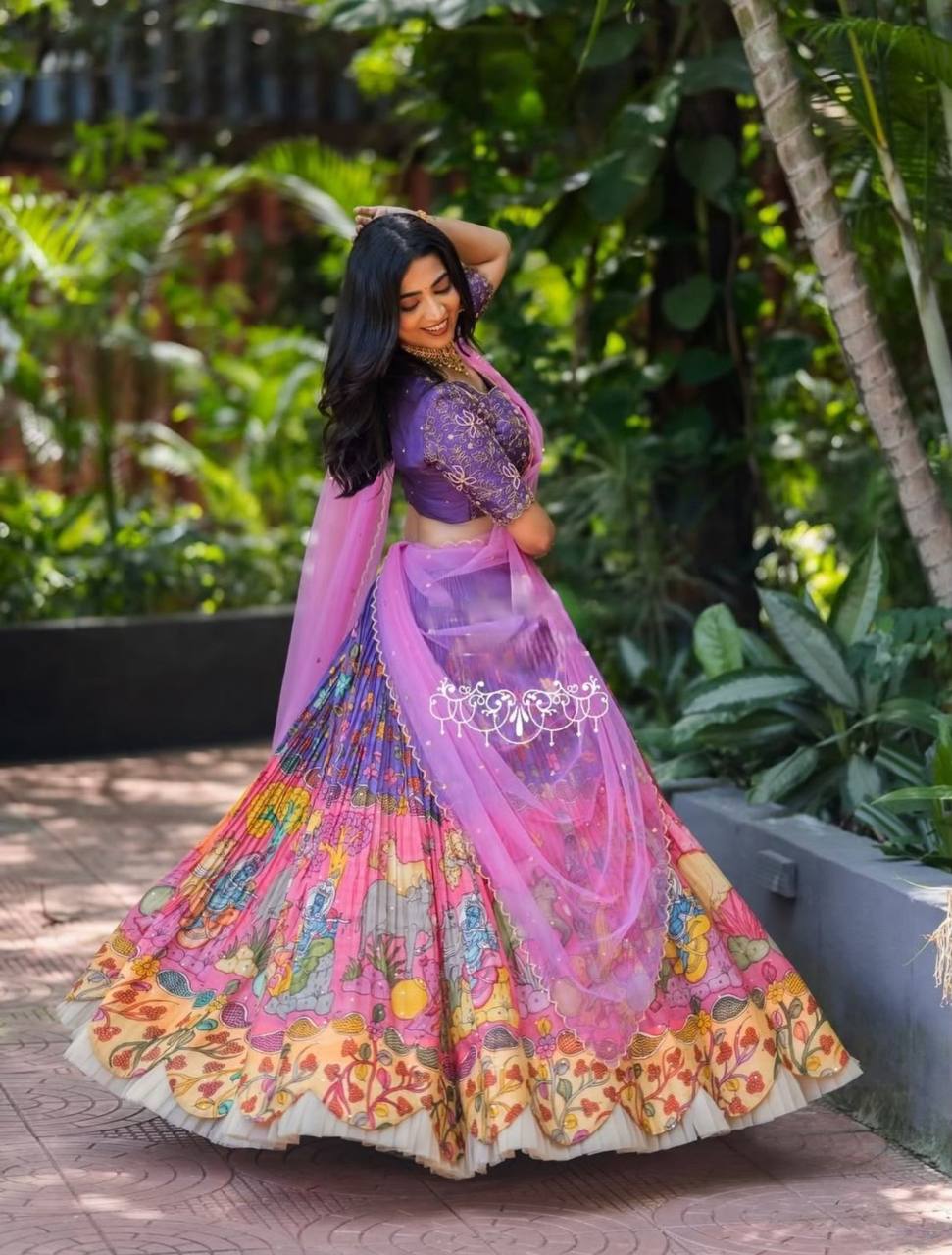 South Style Lavender Color Cotton And Kalamkari Print With Embroidery Thread Work Designer Lehenga Choi