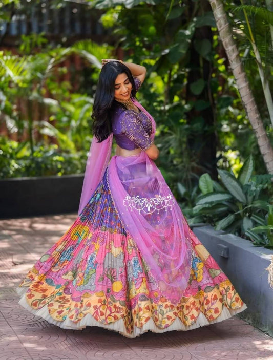 South Style Lavender Color Cotton And Kalamkari Print With Embroidery Thread Work Designer Lehenga Choi