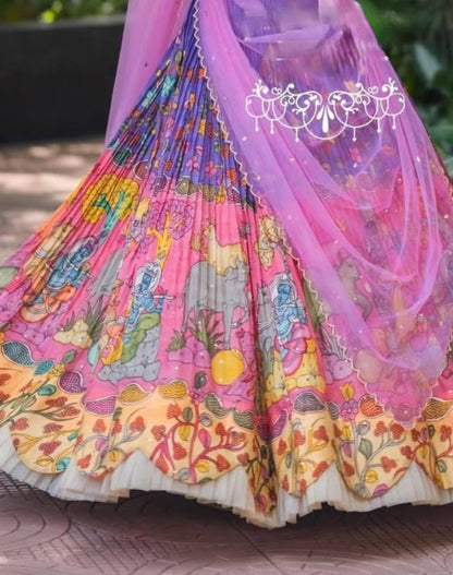 South Style Lavender Color Cotton And Kalamkari Print With Embroidery Thread Work Designer Lehenga Choi