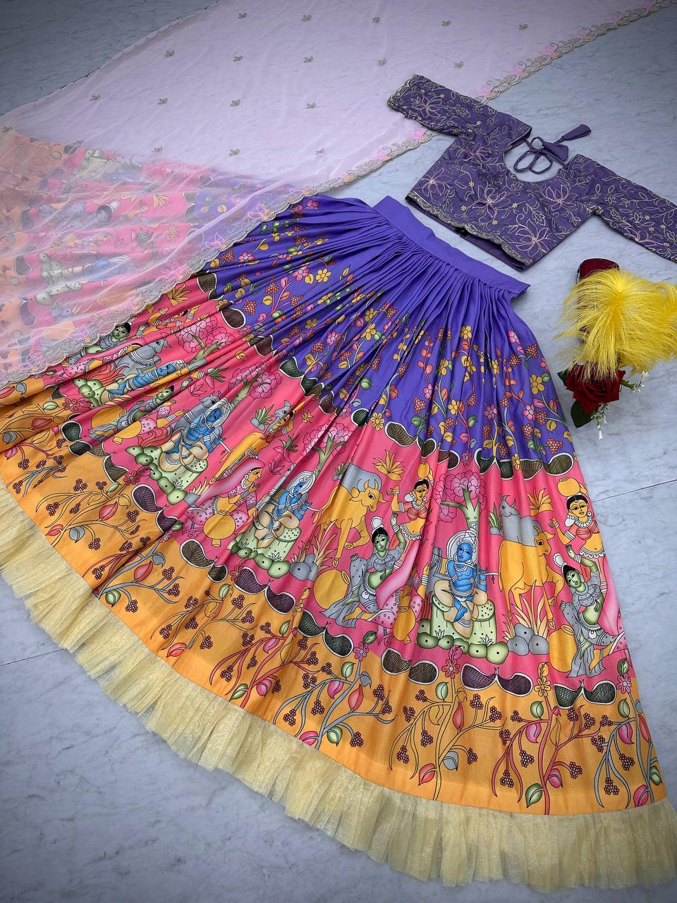 South Style Lavender Color Cotton And Kalamkari Print With Embroidery Thread Work Designer Lehenga Choi