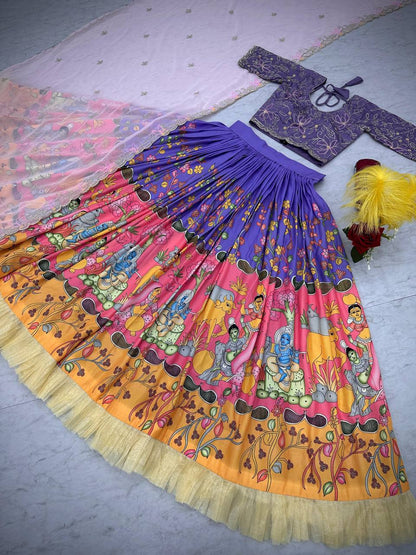 South Style Lavender Color Cotton And Kalamkari Print With Embroidery Thread Work Designer Lehenga Choi