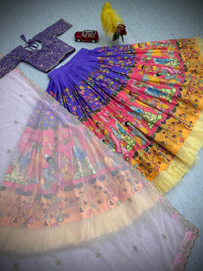 South Style Lavender Color Cotton And Kalamkari Print With Embroidery Thread Work Designer Lehenga Choi