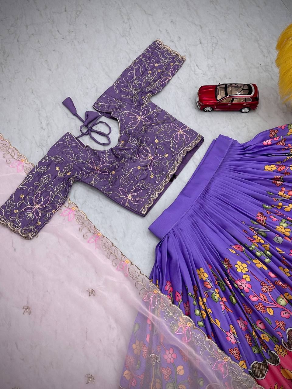 South Style Lavender Color Cotton And Kalamkari Print With Embroidery Thread Work Designer Lehenga Choi