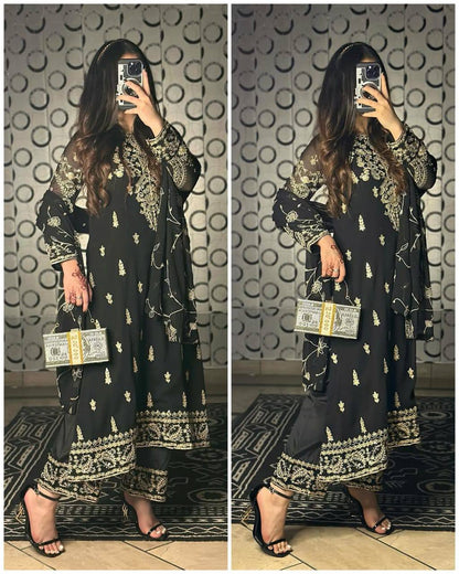 Heavy Embroidery Sequence Work Black Color Salwar Suit Set