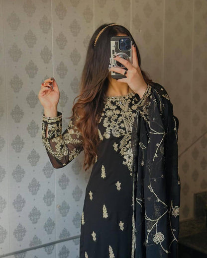 Heavy Embroidery Sequence Work Black Color Salwar Suit Set