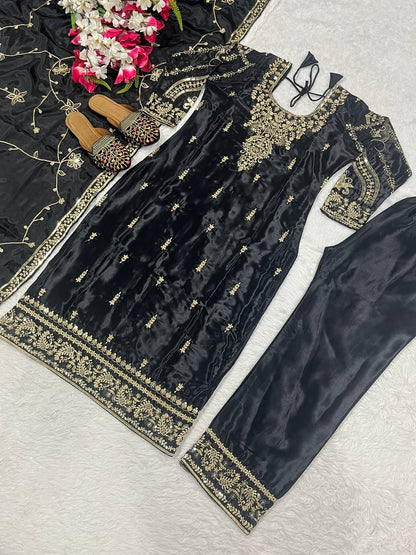Heavy Embroidery Sequence Work Black Color Salwar Suit Set