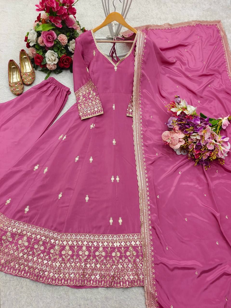 Gorgeous Pink Color Pure Natural Crepe with Heavy Embroidery Sequence Work Anarkali Gown