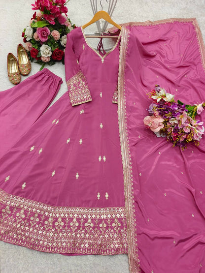 Gorgeous Pink Color Pure Natural Crepe with Heavy Embroidery Sequence Work Anarkali Gown
