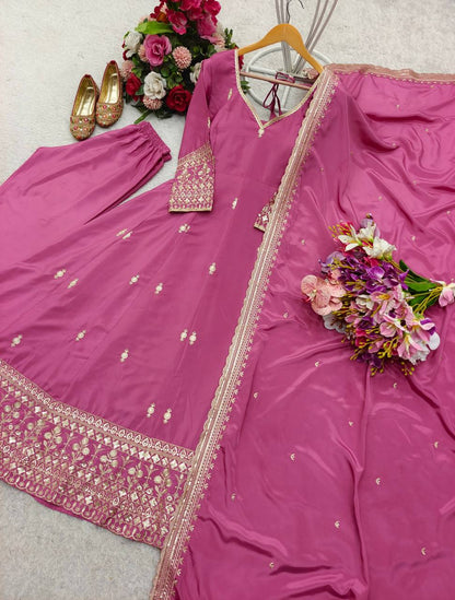 Gorgeous Pink Color Pure Natural Crepe with Heavy Embroidery Sequence Work Anarkali Gown