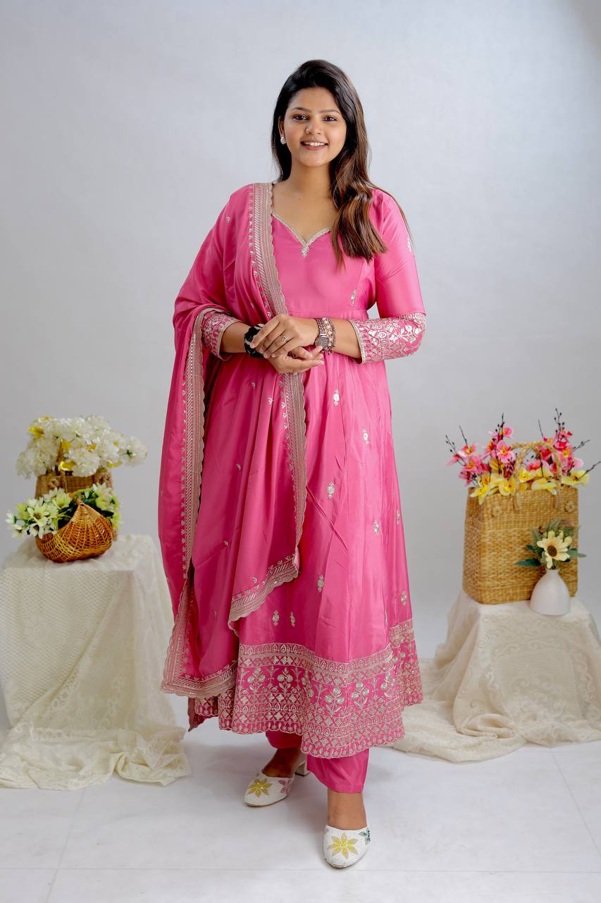 Gorgeous Pink Color Pure Natural Crepe with Heavy Embroidery Sequence Work Anarkali Gown