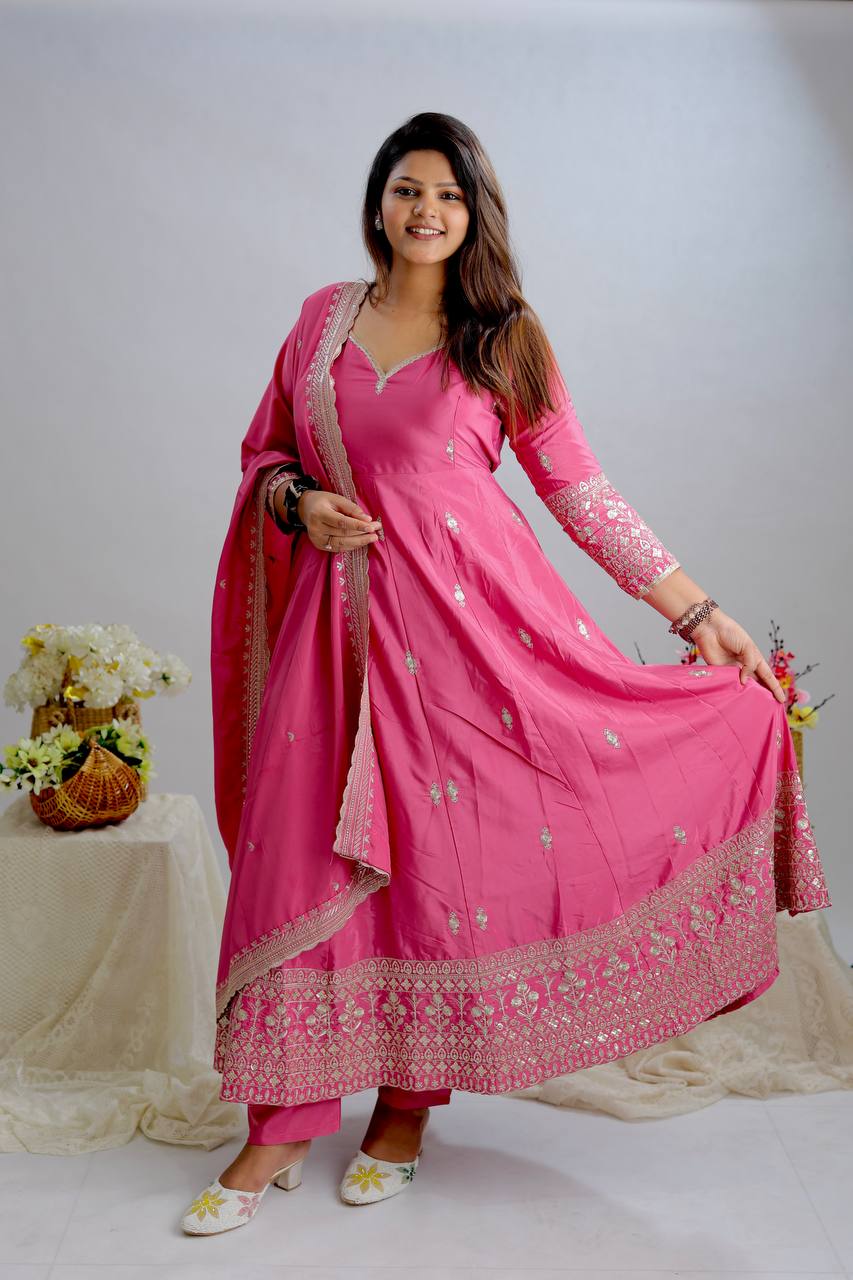 Gorgeous Pink Color Pure Natural Crepe with Heavy Embroidery Sequence Work Anarkali Gown