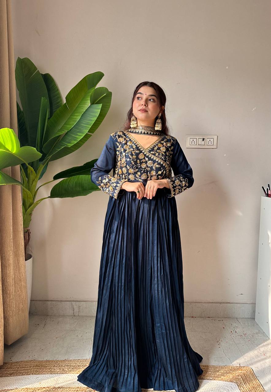 Ceremony Wear Navy Blue Color Sequence Embroidered Work Gown