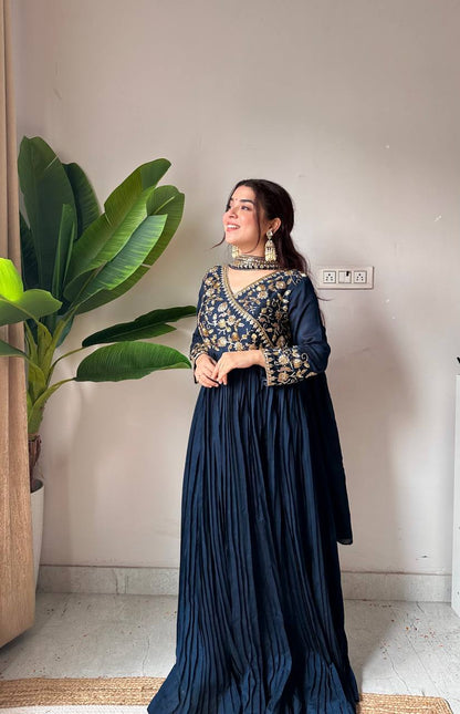 Ceremony Wear Navy Blue Color Sequence Embroidered Work Gown