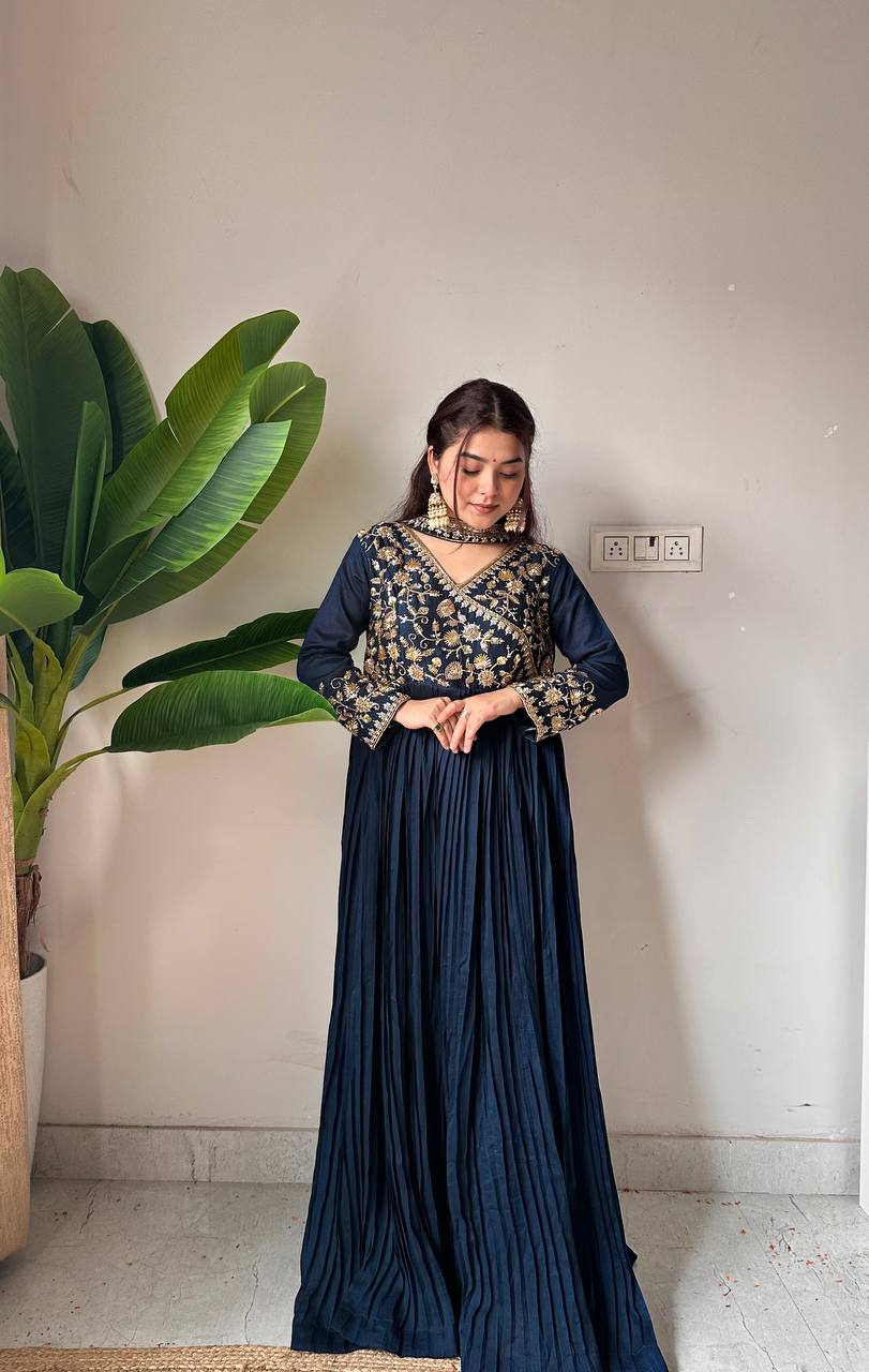 Ceremony Wear Navy Blue Color Sequence Embroidered Work Gown