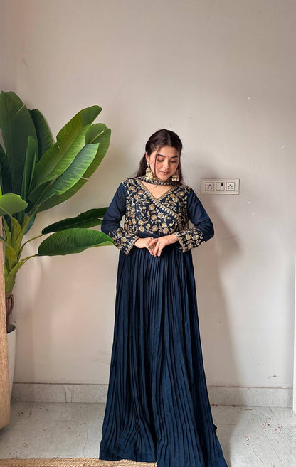 Ceremony Wear Navy Blue Color Sequence Embroidered Work Gown