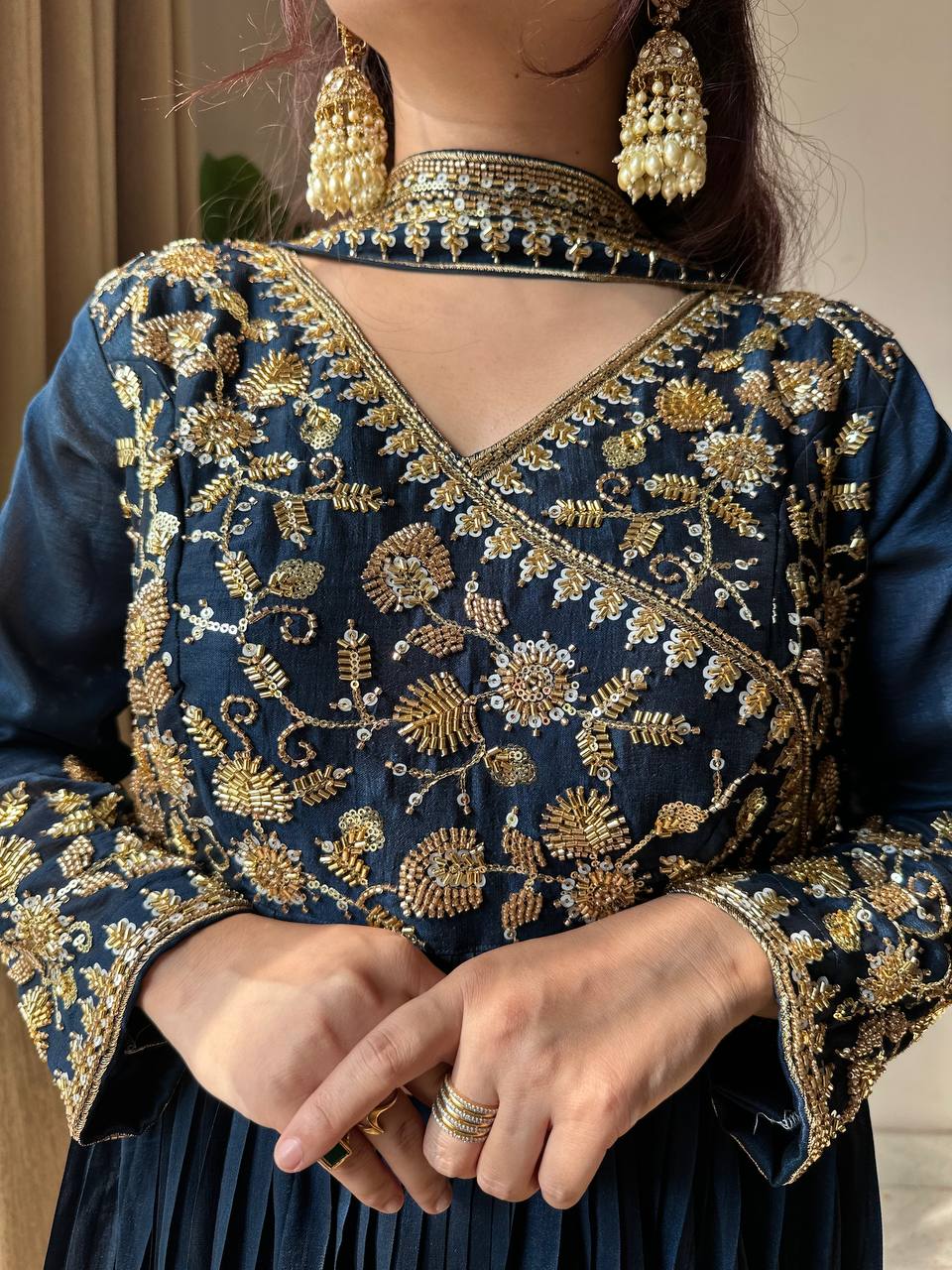Ceremony Wear Navy Blue Color Sequence Embroidered Work Gown