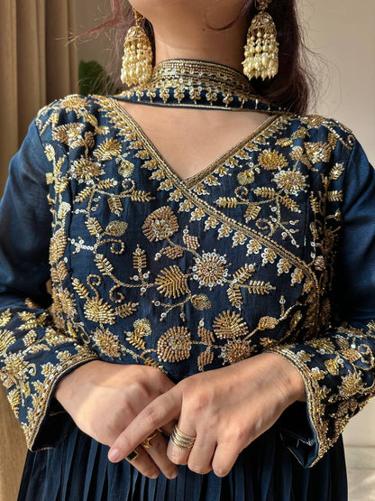 Ceremony Wear Navy Blue Color Sequence Embroidered Work Gown