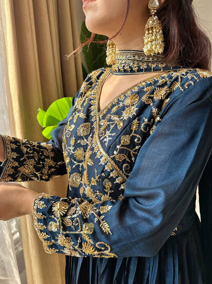 Ceremony Wear Navy Blue Color Sequence Embroidered Work Gown