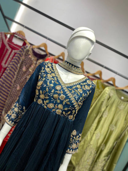 Ceremony Wear Navy Blue Color Sequence Embroidered Work Gown