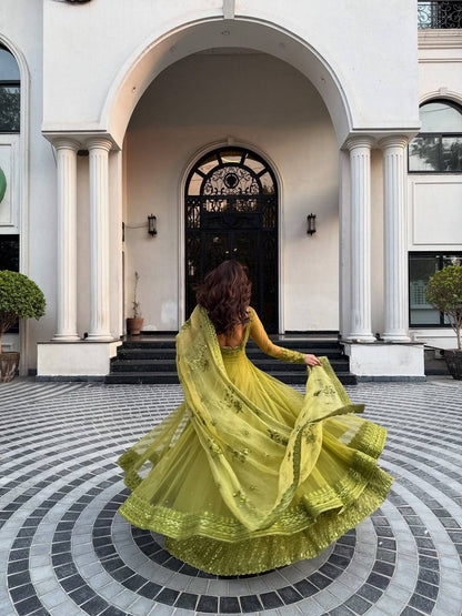 Sangeet Wear Lemon Yellow Color Premium Butterfly Net Thread Embroidery With Sequin Work Lehenga Suit
