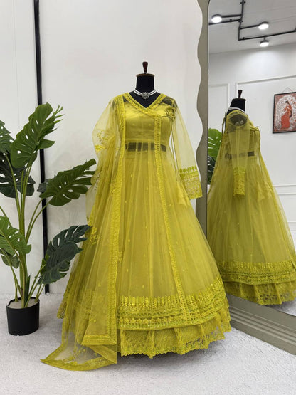 Sangeet Wear Lemon Yellow Color Premium Butterfly Net Thread Embroidery With Sequin Work Lehenga Suit