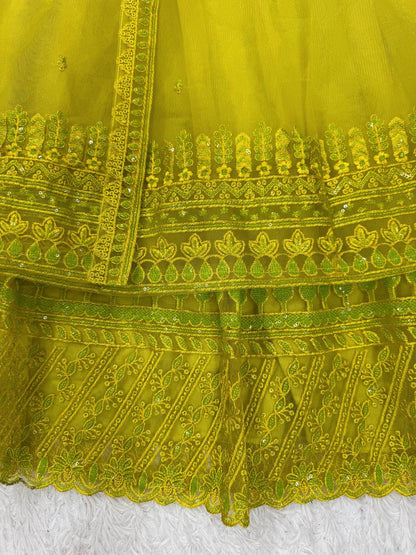 Sangeet Wear Lemon Yellow Color Premium Butterfly Net Thread Embroidery With Sequin Work Lehenga Suit