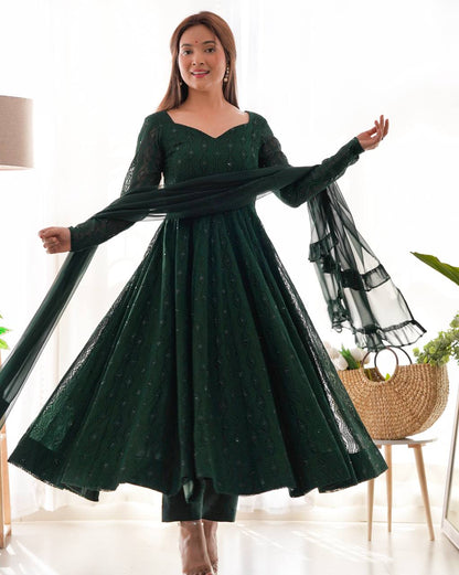Festive Wear Green Color Soft Faux Georgette With Lucknowi Sequin Work Anarkali Gown